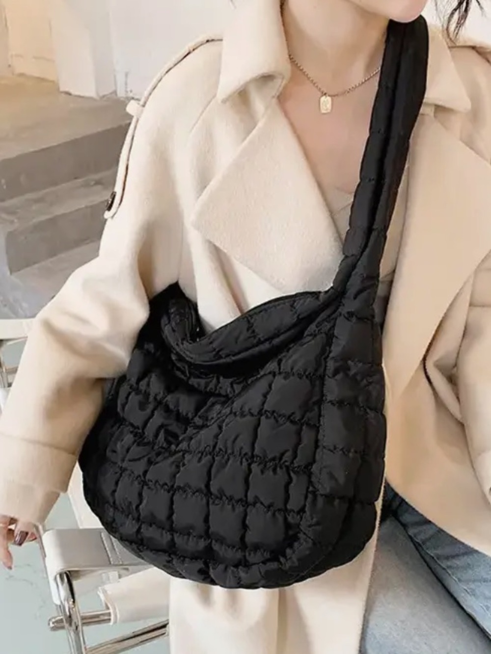 Large Quilted Puffer Shoulder Bag - Black